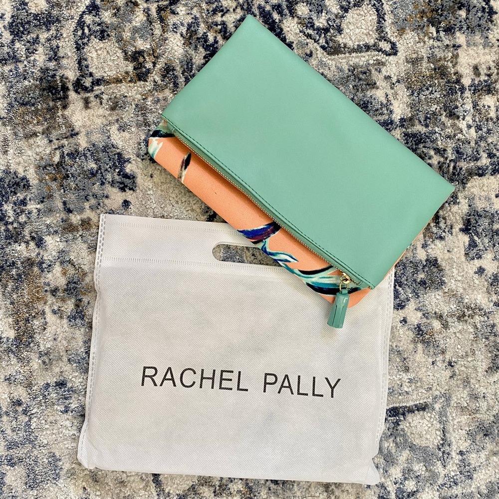 Rachel Pally Reversible Fold Over Clutch Peach Palm Print Mint Teal Tassel NWOT